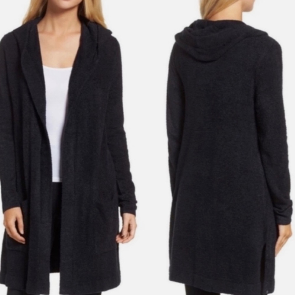 Barefoot Dreams CozyChic Lite Relaxed Hooded Cardi with Pockets Black size XS-S